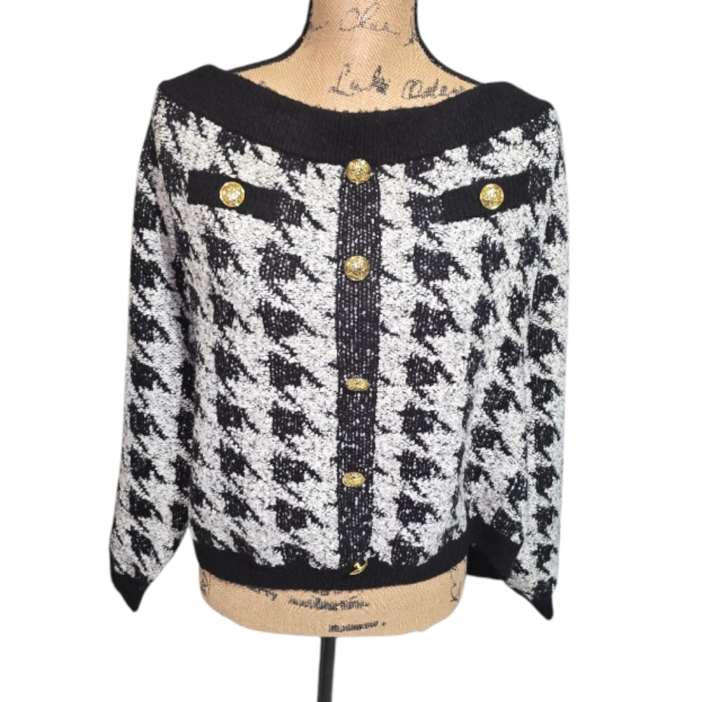 Fashion To Figure Chic Black White Off Shoulder Houndstooth Women's Sweater 4 4X